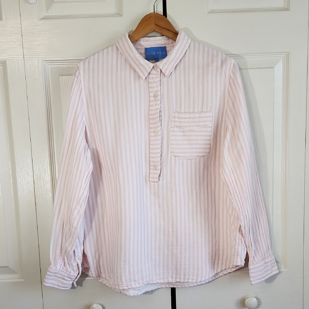 Alice Walk 100% Cotton Pink & White Striped Button Down Shirt Size LG Gauzy